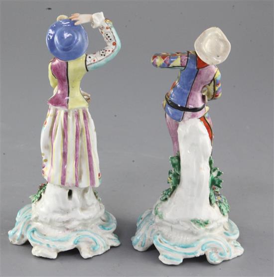 A pair of Bow porcelain figures of Harlequin and Columbine, c.1770, height 18.5cm and 19cm